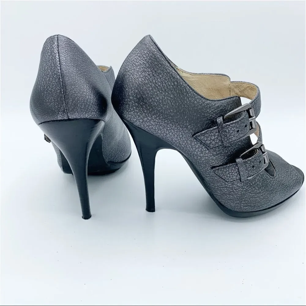 Michael Kors Webster Peep Toe Platform Metallic Pewter‎ Pebbled Leather